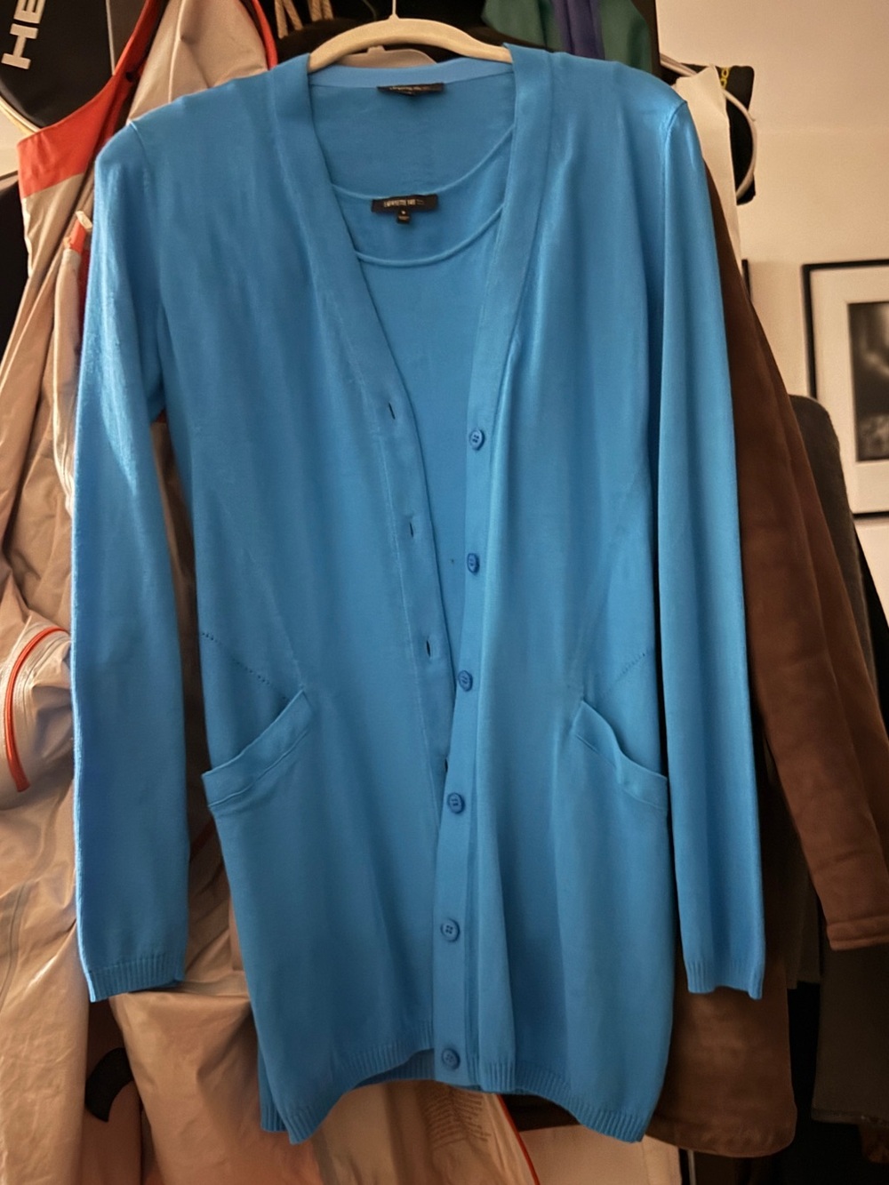 Lafayette 148 bright volt blue women's long Cardigan Sweater Set, EUC, Size P.